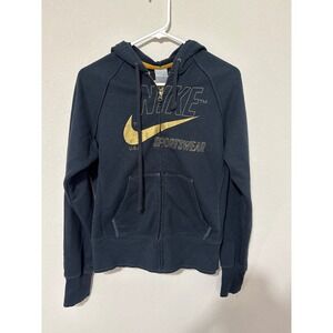 Vintage Nike Y2K Black Hoodie Medium Gold Embroidery Big Logo Swoosh Women's